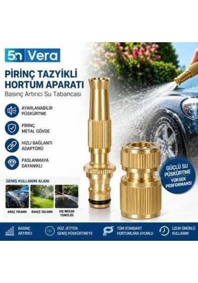 Feyza Yapı Hortum Tazyik Aparatı, Ayarlanabilir Su Tabancası Ve Bağlantı Parçası Seti, Altın Rengi