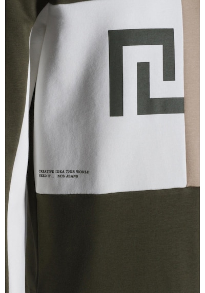 Erkek Sweatshirt Haki Monogram Desenli Logo Detaylı Relaxed Fit Crewneck Ncs Jeans 1625 Haki