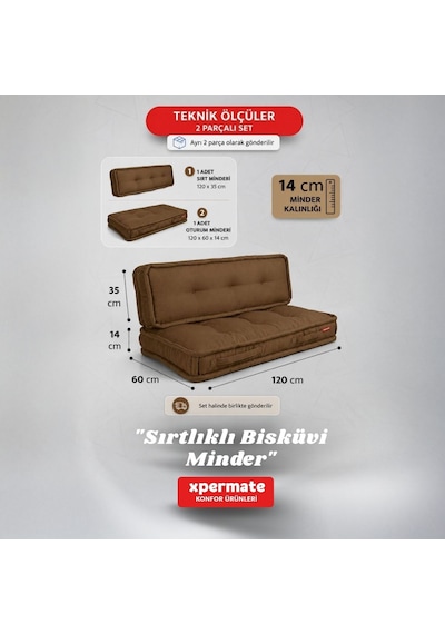 Xpermate Bisküvi Yer Minderi 60x120 Kalın Palet Balkon Petek Önü Fermuarlı Minder Kahverengi
