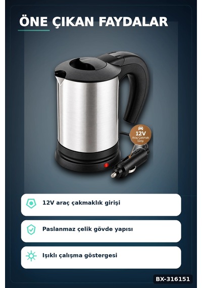 Araç İçi Su Isıtıcı Kettle 12v Çakmaklık Uyumlu Paslanmaz Çelik Termos Kupa Bx-316151