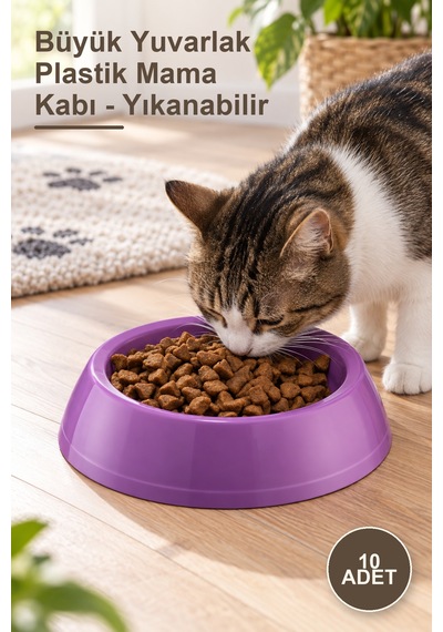 10 Adet Büyük Yuvarlak Plastik Mama Kabı - Yıkanabilir