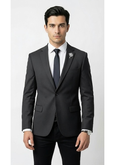 Plus Scorpion Erkek Blazer Ceket Twill Dokuma Likralı Notch Yaka 1 Düğmeli Çift Yırtmaçlı Slim Fit Siyah