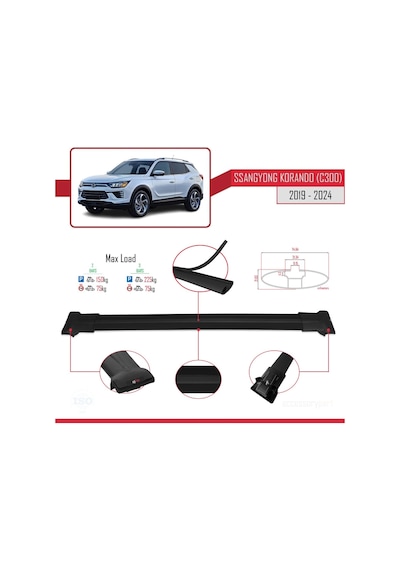 Ssangyong Korando C300 2019 Ve Sonrası İle Uyumlu Fly Model Ara Atkı Tavan Barı Siyah