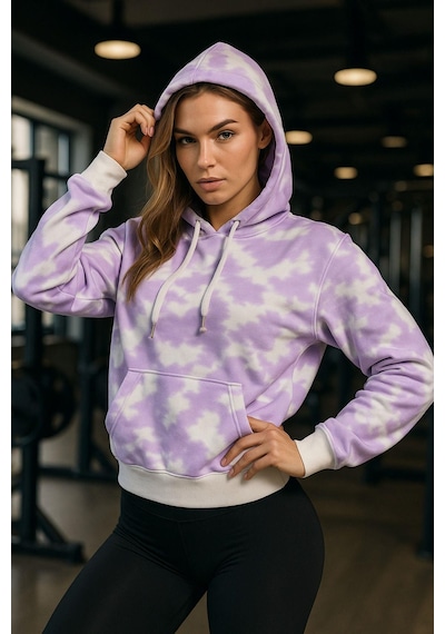 Kadın Batik Desen Renkli Oversize Relaxed Uzun Kollu Kapüşonlu Sweatshirt Pudra