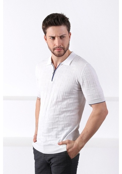 Ferraro Beyaz Polo Yaka Fermuarlı Erkek Pamuk Triko T-Shirt-Beyaz (417942157) Beyaz