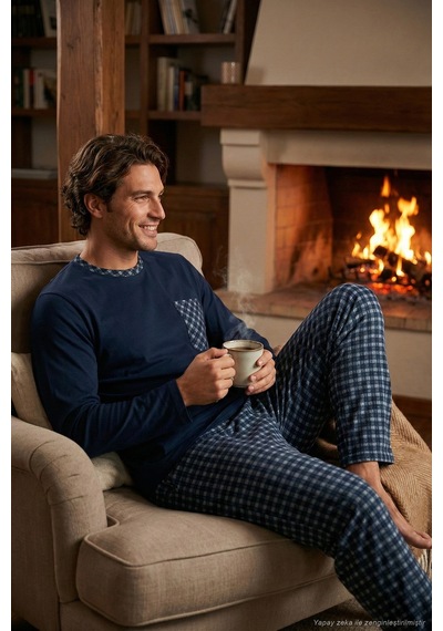 Buratti Kareli Yumuşak Dokulu Regular Fit Uzun Kollu Erkek Pijama Takımı 609611060 Lacivert-Gri