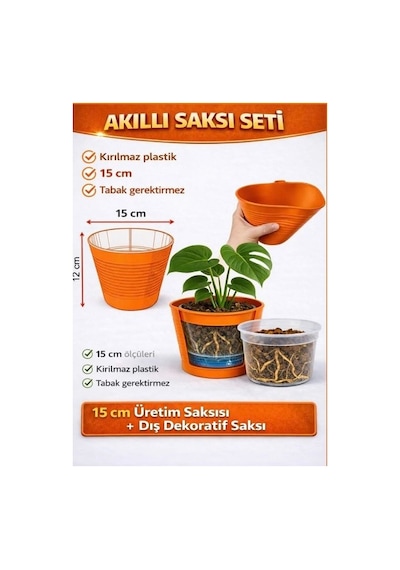 2'li Saksı Seti 15 Pot Üretim Saksısı + 1.8 L Turuncu Kırılmaz Dekoratif Dış Saksı