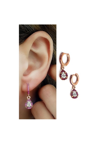 Pembe Zirkon Taşlı 925 Ayar Gümüş Rose Damla Küpe