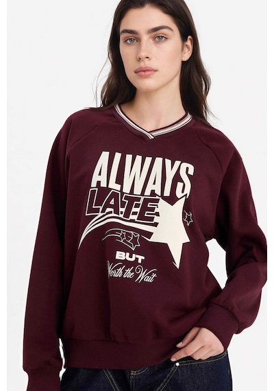 Defacto Oversıze Geniş Kalıp V Yaka Baskılı Kalın Kumaş Sweatshirt G9598ax26spbr171 Bordo-br171