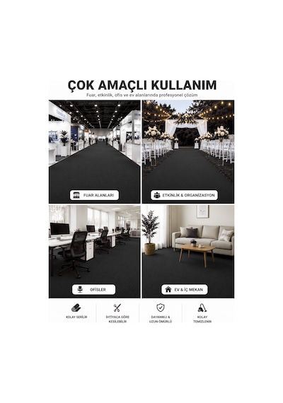 Beylini Siyah Halıfleks Zemin Yer Kaplama 3 Mm Kalınlığında Rip Halı Duvardan Duvara Halıflex Organizasyon Davet