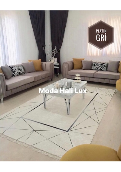 Platin Kare Gri Kaymaz Tabanlı Halı Yolluk Makinede Yıkanabilir