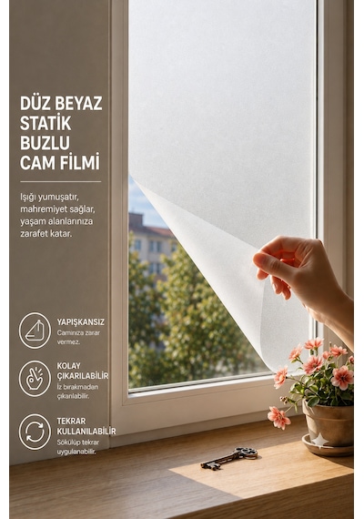 Deconitte Statik Düz Beyaz Buzlu Cam Filmi 60x100 Cm Yapışkansız Mahremiyet Sağlayan Dekoratif Cam Kaplama, Kumlama