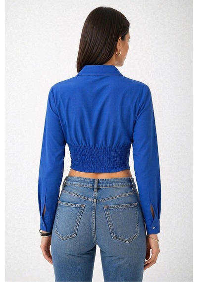 Trend Alisse Kadın Saks Mavi Vucuda Oturan Beli Lastikli Korse Crop Gömlek