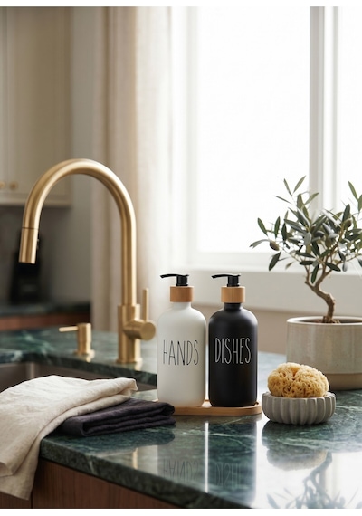 Modern Mutfak Tezgah Üstü 2'li Sabunluk Seti - Bambu Detaylı Hands & Dishes Sıvı Sabunluk Takımı - M Beyaz - Siyah