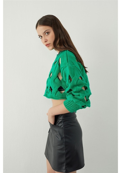Yeşil Oversize Delikli Triko Crop Kazak - Yeşil