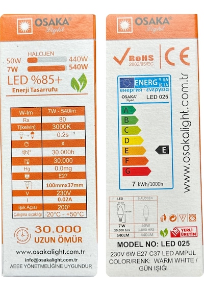Osaka 7w 50w 3000k Sarı E27 Duylu Kalın Duy Mum Led Ampul