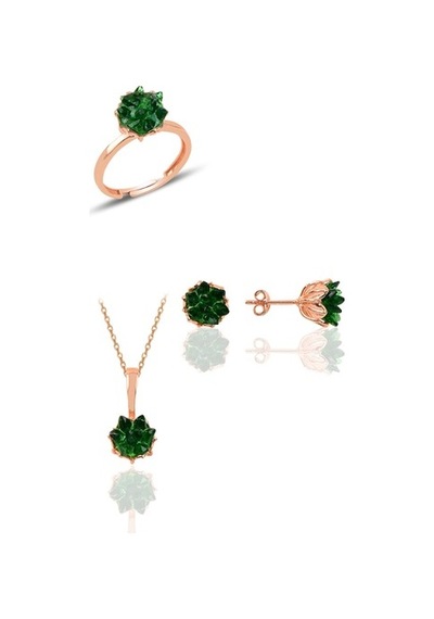 Gümüş Lotus Çiçeği Modeli Zümrüt Taş Renkli Üçlü Set