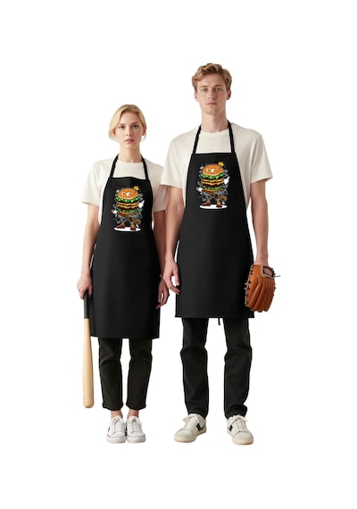 Erkek Unisex Mutfak Aşçı Önlüğü Karikatür Burger Baskılı Dtf Diji Siyah