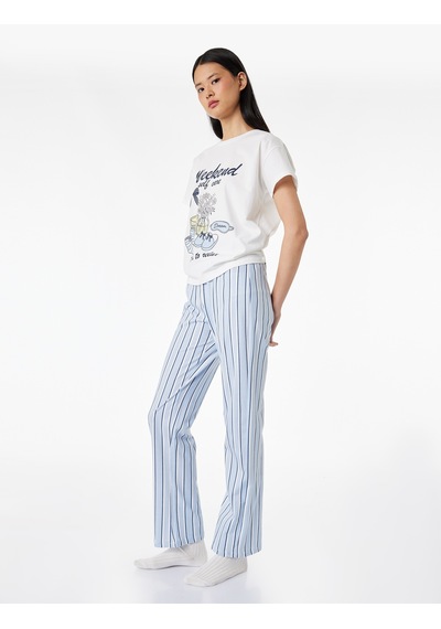 Koton Pamuklu Rahat Kesim Kısa Kollu Baskılı Pijama Seti Lacivert Çizgili 6slk40120mk