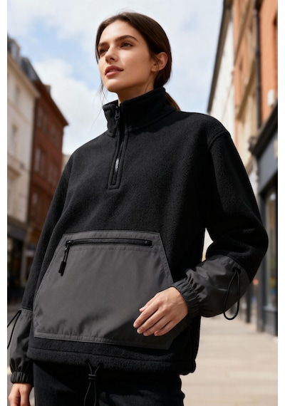 Tommy Life Siyah Etek Ucu Büzgülü Yarım Fermuarlı Oversize Kadın Polar Sweatshirt - 97238 Siyah