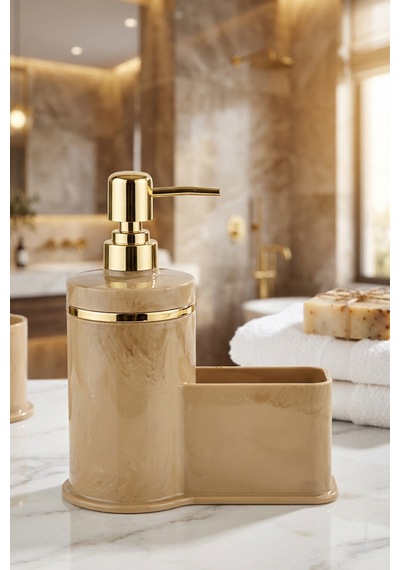 Makri Home Mutfak Veya Banyo İçin Şık Altın Rengi Detaylı Süngerlikli Sıvı Sabunluk , Yerli Üretim Bej