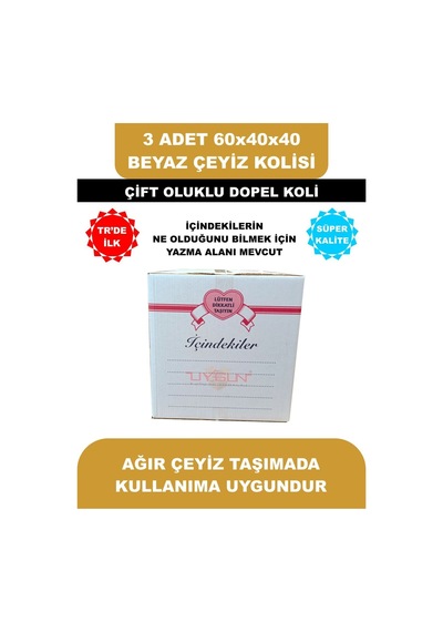 3 Adet 60x40x40 Kurdale Baskılı Beyaz Çeyiz Kolisi, İsim Yazma Alanı Renkli Baskı, Çift Oluklu