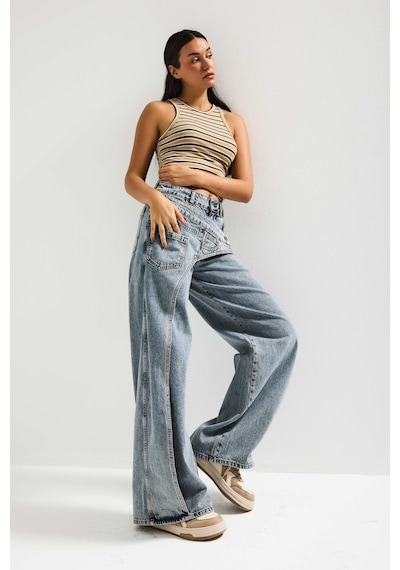 it's basic Kadın T.kot Rengi Palazzo Fit Çift Kemer Detaylı Özel Tasarım Denim Jean