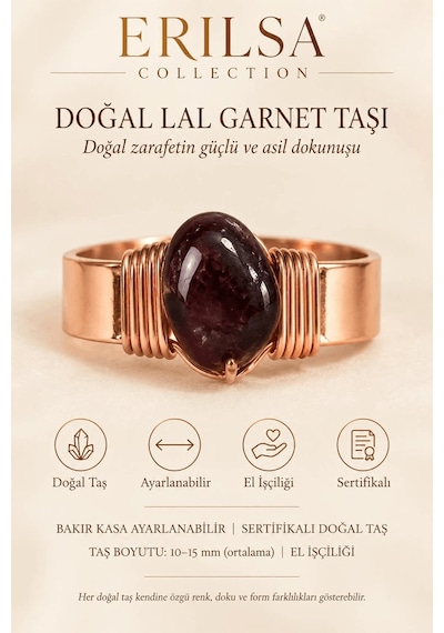 Sertifikalı Doğal Lal Garnet Taşı Yüzük Bakır Kasa Ayarlanabilir Çok renkli