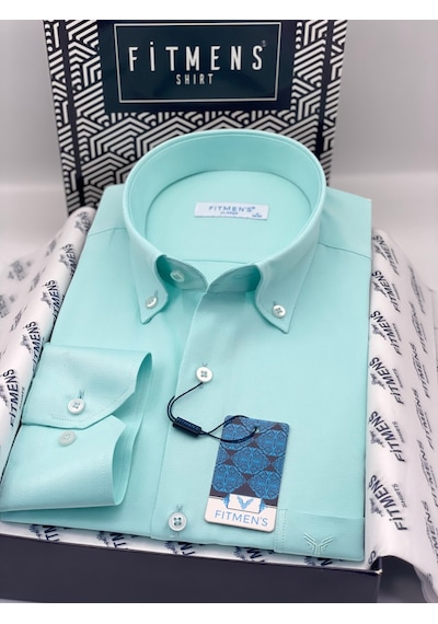 Klasik Uzun Kol Pamuklu Yaka Düğmeli Hediye Kutulu Kolay Ütülenebilir Erkek Gömlek Fs-003897 - Mint-2945