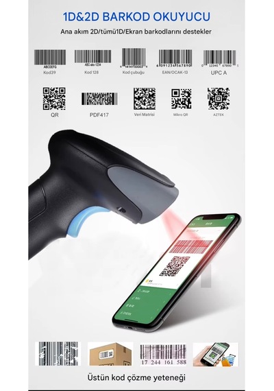 Kablosuz Barkod Okuyucu 1d 2d Qr Kod Standlı Uzun Menzili Hafızalı Tüm Zeminler İçin Uygun