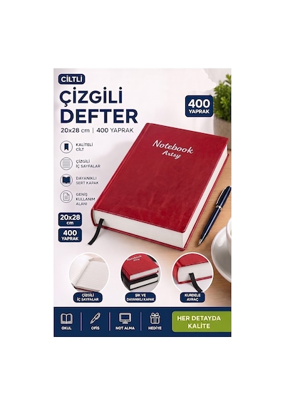 Ciltli Çizgili Defter 400 Yaprak 20x28cm 1 Adet Çok Yapraklı Sert Kapaklı Not Hesap Defteri Okul Ofis Büro Kırmızı