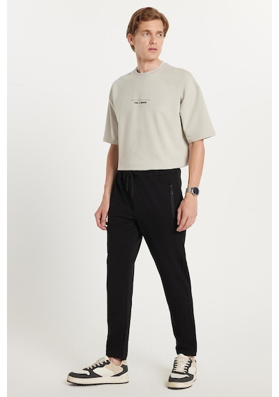Tudors Unisex Standart Fit Pamuklu 2 İplik Fermuar Cepli Lastikli Bağlamalı Düz Paça Siyah Eşofman Altı-34068 Siyah