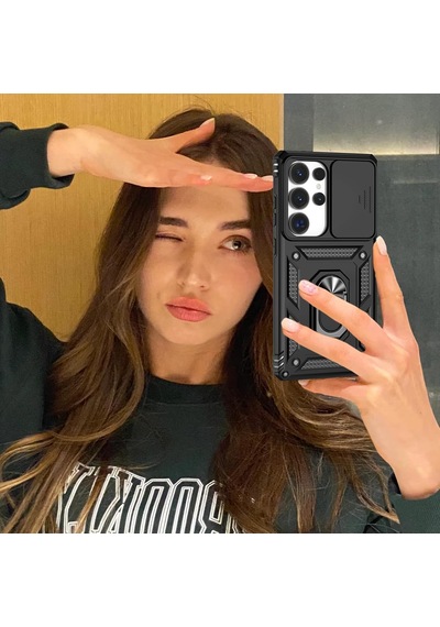 Samsung Galaxy S25 Ultra Uyumlu Kamera Sürgülü Tank Kılıf Ve Temperli Cam Ekran Koruyucu Set Siyah