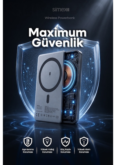 Simex İphone Uyumlu 5000mah Magsafe 20w Kablosuz Powerbank Şarj Cihazı Taşınabilir 17 16 15 14 13 12 P Max Standart