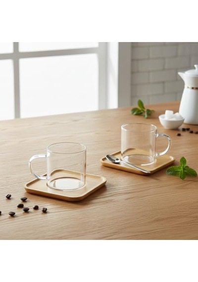 Tr Bambu Tabaklı 2'li Cam Fincan Seti 150 Ml - Yuvarlak/kare Seçenekli Borosilikat Bitki Çayı Ve Double Kahve Fincan Diğer