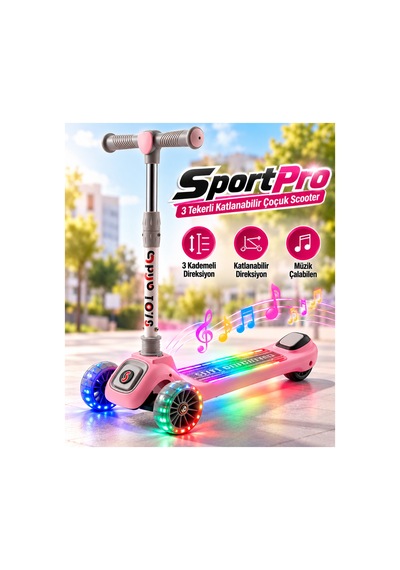 Maxpro Scooter Müzikli Işıklı 3tekerli Katlanabilir 3+yaş 3kademe Direksiyon Ayarı Pembe