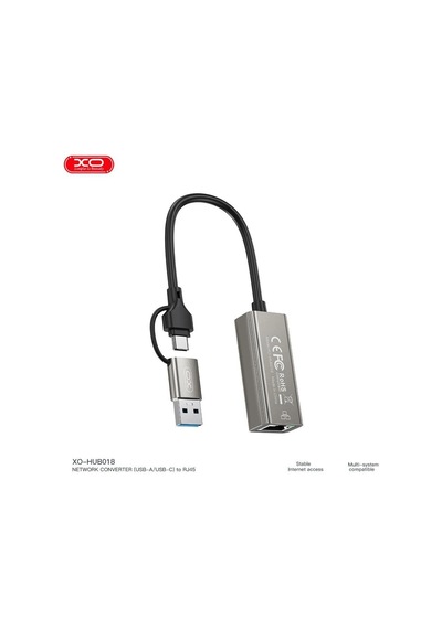 Ek Parça Veri Aparatı Ag Adaptörü Xo Hub018 Usb Ve Type-c'den Ethernet'e Dönüştürücü Rj45