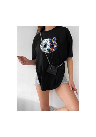 Medinenur Unisex Panda Baskılı Tshirt Siyah