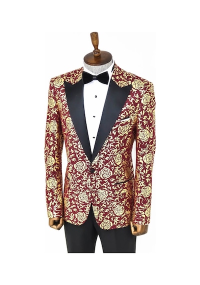 Wessi Gold Gül Desenli Slim Fit Bordo Erkek Smokin Ceket Bordo