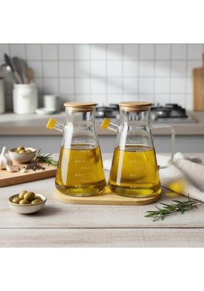 2'li Büyük Boy Şeffaf Cam Yağdanlık Seti - Bambu Kapaklı Ve Standlı Elmas Desenli Yağlık Sirkelik 2 X 900 Ml