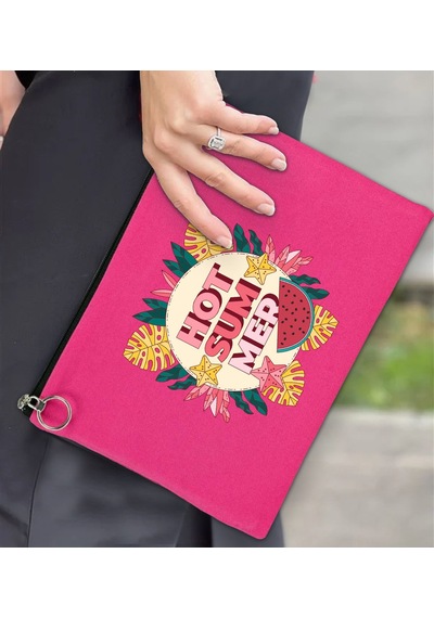 Bk Gift Yaz Temalı-8 Astarlı Fuşya Portföy Çanta 30x21cm, Baskılı El Çantası, Organizer Çanta Çok Renkli