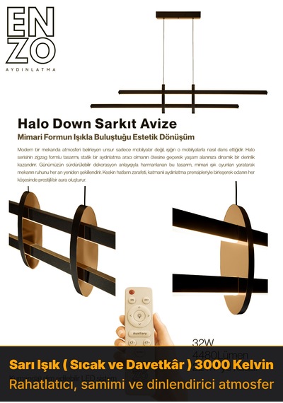 Halo Bronz Lineer Led Sarkıt Avize Kumandalı Dim Edilebilir - Aşağı Işık Beyaz Işık