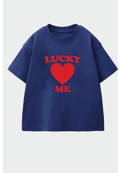Monila Kız Çocuk Pamuklu Bisiklet Yaka Kalp Baskılı T-shirt Lacivert