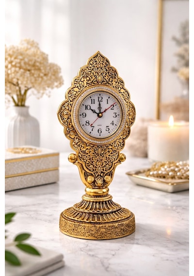 Nostaljik Vintage Taş İşlemeli Kabartmalı Lüks Altın Renk Dekoratif Salon Ve Ofis Masa Saati 29 Cm Gold