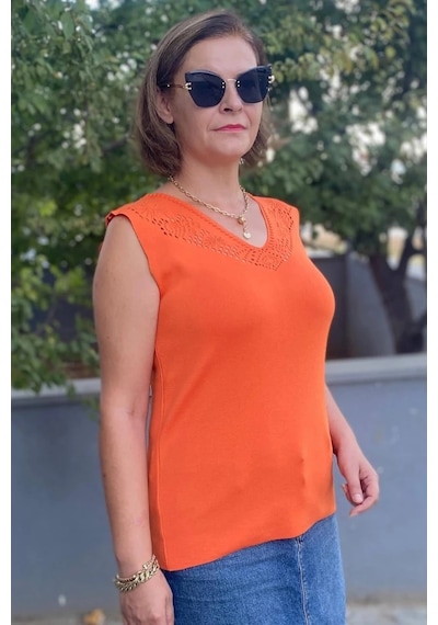 Mia Butik Kadın Lina Turuncu Merserize Kolsuz Bluz Turuncu