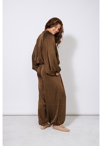Beli Lastikli Dokulu Saten Balon Pantolon Olive
