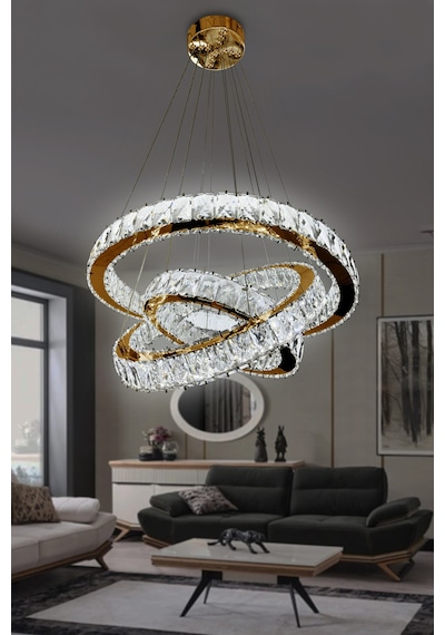 3 Katlı Kristal Taşlı Modern Led Avize Çok Renkli