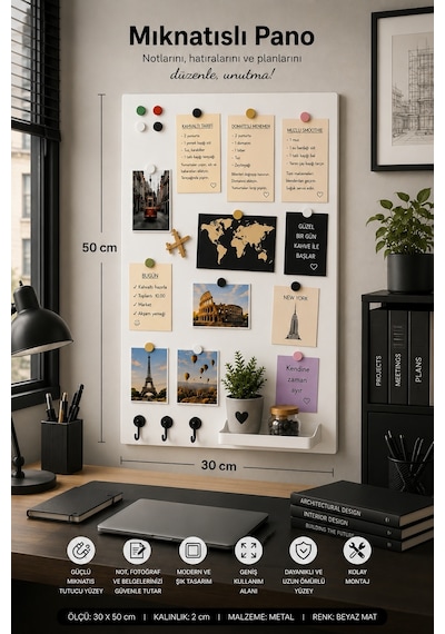 Yiğit Metal Mıknatıslı Pano Beyaz Ofis/çalışma Odası İçin Mıknatıs Hediyeli Metal Magnet Hatıra Panosu 50 x 30 CM