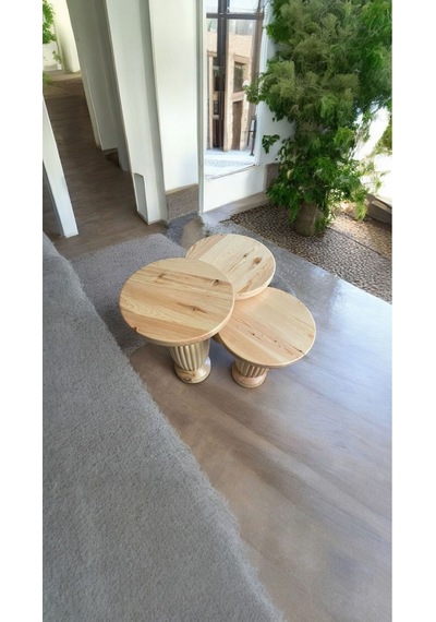 Wood Wooden Ahşap 3 Lü Set Fitilli Mantar Yan Sehpa Modern Naturel Renk Fiskos Kahverengi