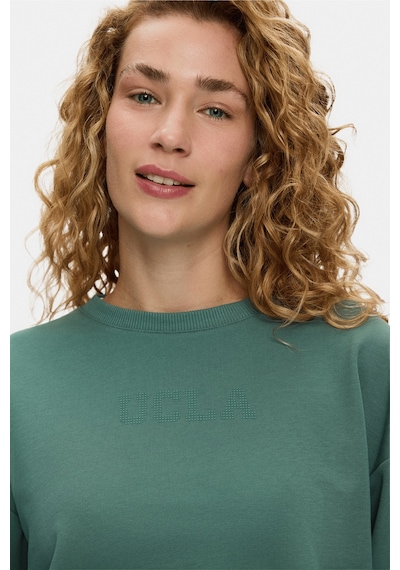 UCLA Clarıce Adaçayı Yeşili Bisiklet Yaka Pamuklu Simli Taş Baskılı Loose Fit Kadın Sweatshirt Ada Çayı